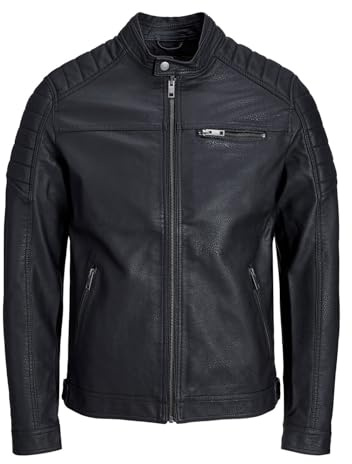 JACK & JONES Men's Faux Leather Jacket Motorcycle Blouson Bomber JJEROCKY Design Outerwear Transitional Coat., Colours:Black-2, Jacket Size:XXL