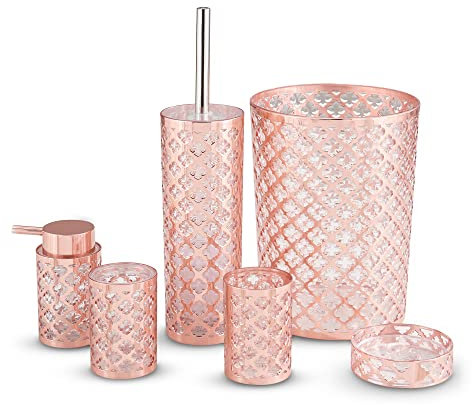 LIVIVO Stylish 6pc Bathroom & Sink Accessory Set - Modern Vanity Organiser Kit Include Tumbler, Toothbrush & Toilet Brush Holder, Lotion Dispenser, Soap Dish & Trash Bin (Rose Gold Lattice)