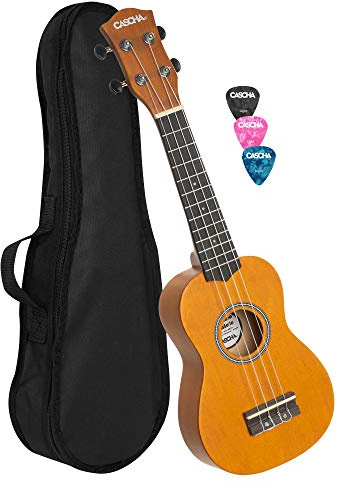 CASCHA Soprano Ukulele Yellow, small Hawaii guitar for kids & adults with bag, 3 picks and Aquila Ukulele strings