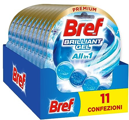 Bref Gel Brillante Océano Ártico Todo en 1 (pack de 11 unidades), cesta en gel para una limpieza completa,colgadores WC para la limpieza del baño, frescor duradero y brillo radiante
