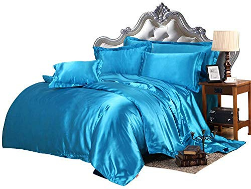 Ultra Soft Silk Like Satin 3 Piece Bedding Turquoise Blue Duvet Cover Set (Duvet Cover + 2 Pillow Cases) Zipper Closure Soft Breathable Oversized Queen