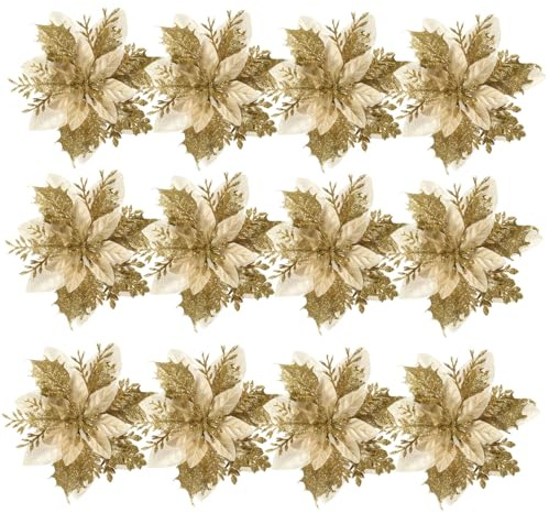 Tomaibaby 12Pcs Weihnachtsglitter Weihnachtsstern Blumen, Weihnachtsbaum Blumenschmuck Künstliche Blumen mit Stielen und Clips für Hochzeitsfest Kranz (Golden)