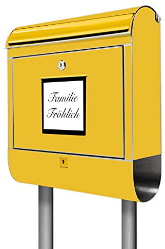 banjado® Briefkasten mit Standfuß personalisiert Motiv Briefkasten Gelb - Stand Briefkasten Edelstahl mit Zeitungsfach - Postbox/Postkasten A4 Einwurf inkl. Montagematerial & 2 Schlüssel