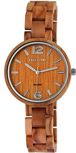 Excellanc Damen-Holzuhr Leuchtzeiger Faltschließe Analog Quarz 1800235
