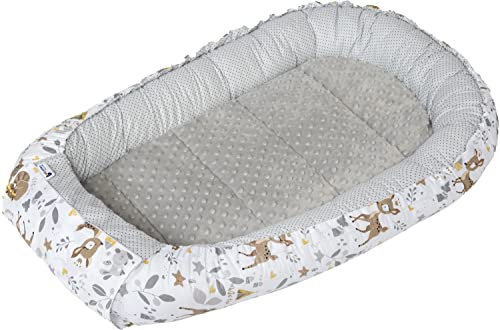 Medi Partners Babynest Nestchen für Neugeborene - 100x60x15 Babynestchen Baby zweiseitg Nest Bett 100% Baumwolle Minky Kuschelnest tragbar (REH mit Grauem Minky)