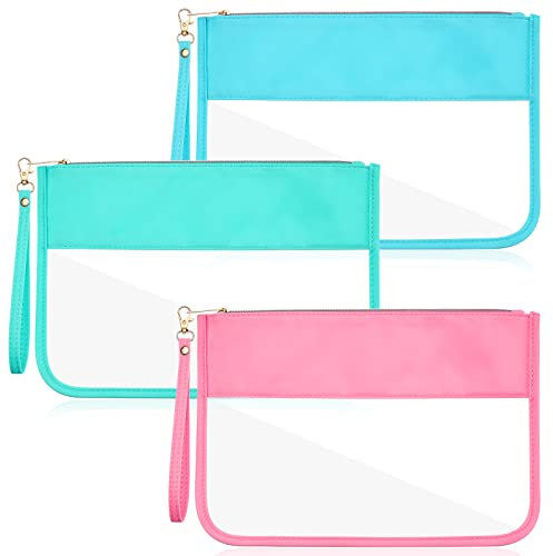 Sanwuta 3 Pcs Clear Flat Zipper Makeup Pouch for Travel, Pink, Green, Blue