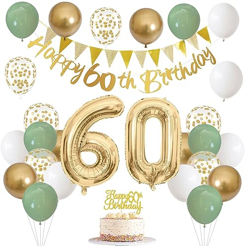 60th Birthday Decorations for Women, 60 Balloons Banner Cake Topper Number 30 Foil Balloon, Sage Green White Gold Balloons for 60 Year Old Birthday Party Decoration