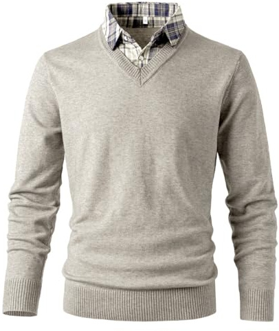 Btmpmcs Män enkel v-hals jumprar vardaglig smal passform stickade pullover tröjor långärmad med falsk skjorta krage infoga stickad tröja skjortor toppar, Khaki, XXL