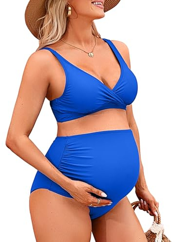 Charmo High Waist Maternity Swimsuit Bikini Ruched Pregnancy Bathing Suits Two Piece Swimwear S Bright Blue