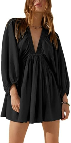 Tiko Miko Women's Sexy Long Sleeve V Neck Tunic Dress Casual Loose Flowy Mini Swing Shift Dresses(0499-Black-M)