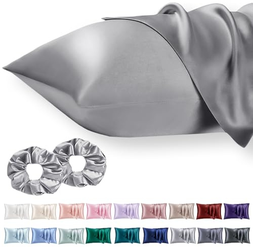Vielit 2er Set Satin Kissenbezug 50x75 Grau, Weich wie Seidenkissenbezug,Bessere Pflege als Silk Pillosecase,Satin Kopfkissenbezug 50x75 Kissenhülle für Haar und Haut mit 2 Haargummis
