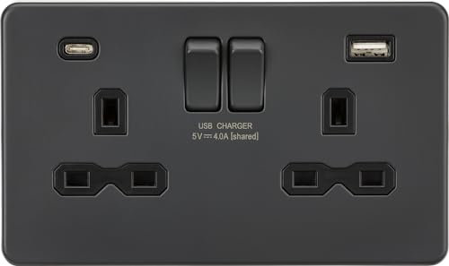 13A 2G SP Switched Socket with Dual USB A+C (5V DC 4.0A shared) - Anthracite with Black Insert