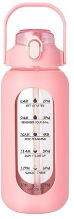 Jarra de agua de vidrio de borosilicato, jarra sin BPA, seguro que aquí está un título del producto para listar botella de 56 onzas con marcador de tiempo de pajilla, motivacional de medio galón, rosa