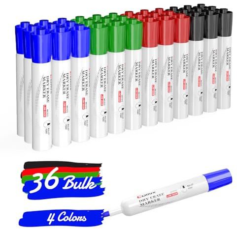 Comix Rotuladores Pizarra Blanca, Rotulador Pizarra Blanca de Punta de Bala Whiteboard Marker, 36 a Granel, 4 Colores Surtidos, Ideales para el Hogar, las Escuelas o la Oficina