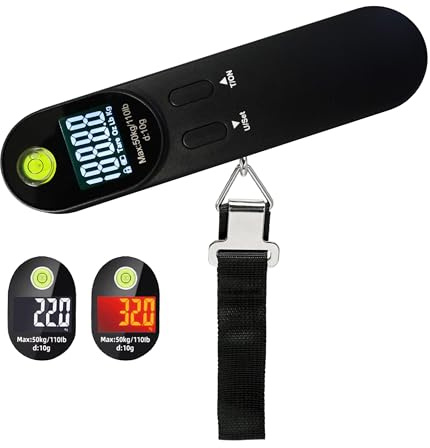 Charmline Tragbare Kofferwaage Digital mit Haken, Gepäckwaage mit Integrierter Wasserwaage und Tara-Funktion, Reise Gadgets, Kofferwaage für Reisen bis 50kg, Schwarz