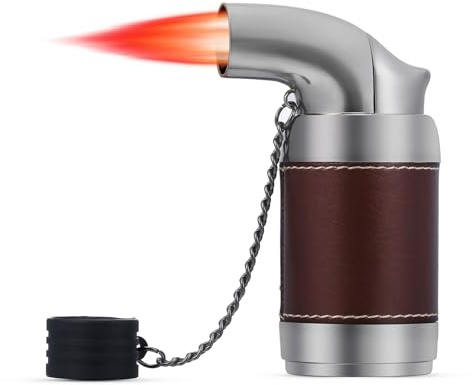 Briquet gonflable à quatre têtes en métal coupe-vent for l'extérieur, briquet à jet de bureau rechargeable au gaz butane, flamme rouge, allume-cigare avec allume-cigare (butane non inclus)(Brown)