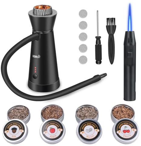 BORUIT SK301B Pistola Fumogena con Accendino (senza butano), Smoke Gun per Affumicatore in Lega di Alluminio con 4 Pacchetti di Trucioli di Legno, per Cucina, Carne, Cocktail, Barbecue