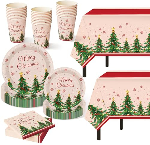 Childom Christmas Party Supplies,102 Pcs Xmas Tree Themed Party Set,Christmas Decoration Dinnerware Set,Disposable Tablecloths Plates Cups Napkins Xmas Tableware For Home,Dinner,Picnic,Holiday,Parties