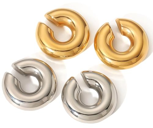 KOLZEMV 2 Paia Orecchini Cerchio Oro Grosso per Donna, ear cuff,earcuffs donna,Leggeri Acciaio Inossidabile Aperti Spessi Orecchini, Argento Oro Ipoallergenici Moda Gioielli Regalo per Donna e Ragazze