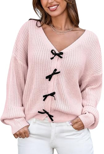 CUPSHE Maglione da donna a maniche lunghe con fiocco lavorato all'uncinetto con scollo a V alla moda autunno pullover maglione top, Rosa, S