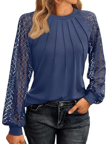 Générique Vente en Ligne Chemise Femme Hauts col Rond Chic Blouse Longues Manches Découpées en Dentelle, Elegant Chiffon Top Bubble Sleeve Casual Chemisier Cadeau Femme Marine XXL