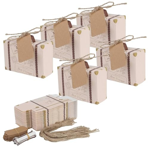 Mini-Koffer, 50 Stück, Partygeschenk, Süßigkeitenbox, Vintage-Kraftpapier mit Etiketten und Jute-Schnur für Hochzeit, Reisen, Motto-Party, Brautparty, Dekoration