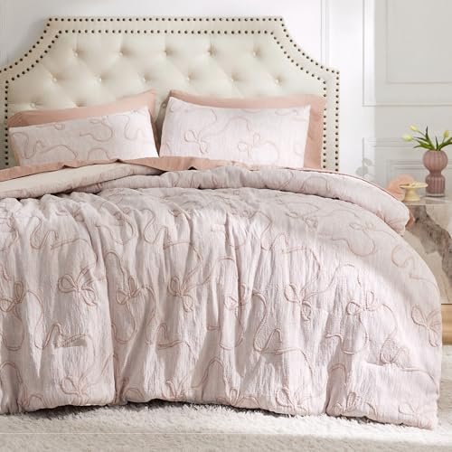 Bedsure Pink Full Size Comforter Sets for Girls, GentleSoft™ 3 Pieces Bow Comforter with 2 Pillow Shams, Cute Girls Full Size Bedding Sets Pink Room Decor Aesthetic Bedroom Decor, 82x86 Inches