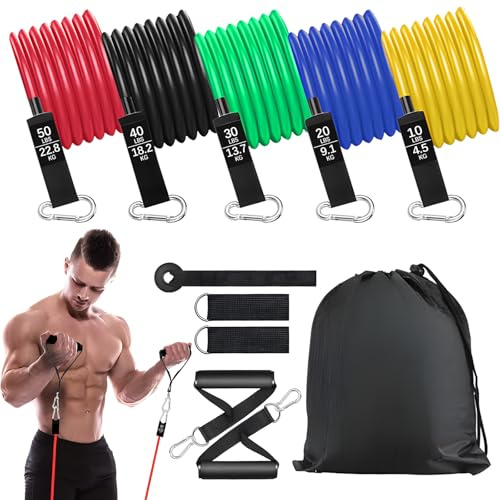 Bindokun Fitnessbänder Widerstandsbänder Krafttraining, 5 Resistance Bands Set Fitnessband mit Griff Knöchelriemen Türankerbefestigung Tragtasche für Muskelaufbau Pilates Frauen Männer