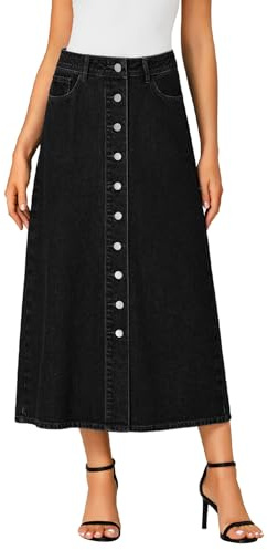 Vrtige Women's Casual Button Down High Waisted A Line Jean Midi Long Denim Skirt with Pockets Black X-Large
