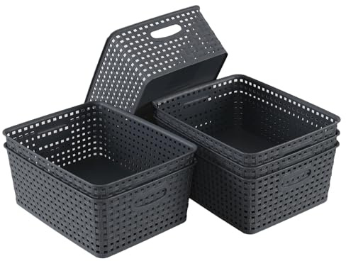 Gloreen Plastic Cupboard Storage Baskets, 6 Pack Desktop Organiser Baskets | Dark Gray