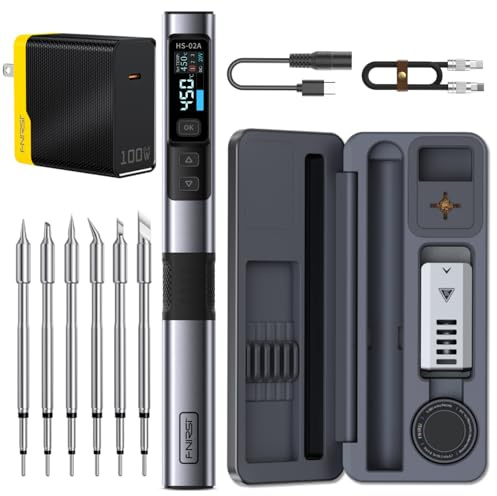 FNIRSI HS-02A 100W Portable Corded Soldering Iron Kit with Storage Case, 3S Fast Heating, 212-842℉, Pre-set 3 Groups Temperature, 6 F245 Soldering Tips, Smart Soldering Iron Pen for Electronics Repair