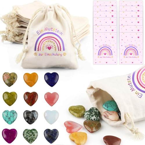 12er Glückssteine Set mit Jutesäckchen - Mutstein, Edelsteine & Kärtchen - Vielseitiges Mitgebsel für Kindergeburtstag, Taufe, Weihnachten, Wichteln - Glücksbringer & Mutmacher für Kinder (12 Stück)