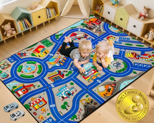 Road Car Rug, 3x5 Ft City Road Rug for Kids, Extra Thick (0.4in) Kids Play Rug Mat and Car Carpet with Realistic Colors - Perfect for Children, Soft and Non-Slip for Playroom and Bedroom