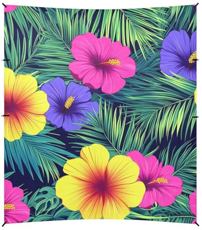 Baldacchino da spiaggia con fiori e foglie di palma, stile hawaiano, pieghevole, protezione UPF50+, impermeabile, grande parasole con sacchi di sabbia e pala di sabbia per viaggi in famiglia, picnic e