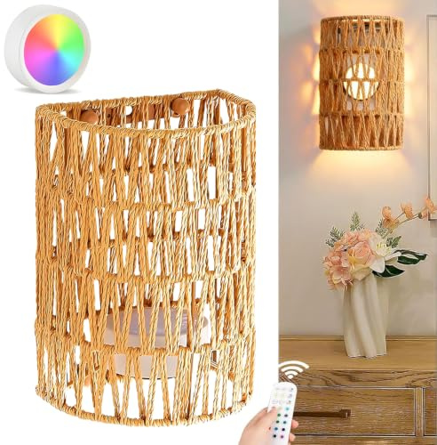 DTSDWA LED Akku Wandlampe Kabellose Boho Wandleuchte Innen mit Fernbedienung RGB Dimmbare Wandleuchten Vintage Rattan Nachttischlampe für Schlafzimmer Wohnzimmer Treppen Flur