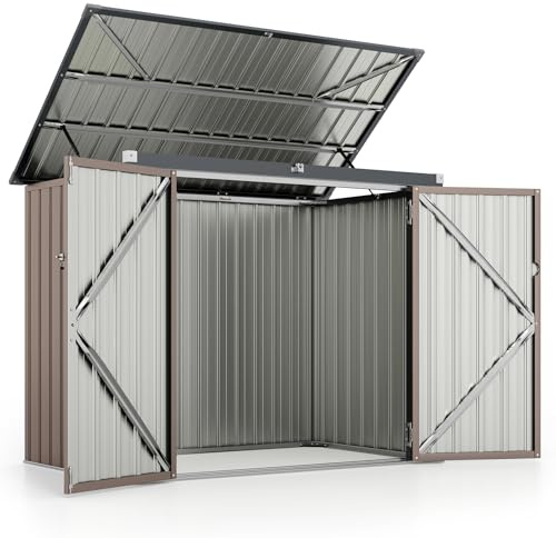 COSTWAY Abri de Jardin en Métal Galvanisé 1,5 m², Cache Poubelle Exterieur Verrouillable, Toit Ouvert, 2 Portes, Abri Poubelle Exterieur, 4 Gants, Rangement Etanche pour Vélo,Outils(Gris Chaud)