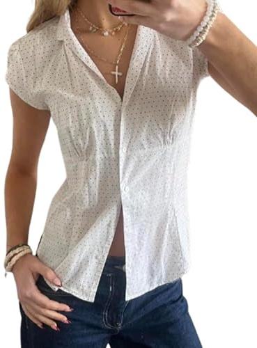 Yoisdtxc Women Button Down Shirts Ruched Slim Fit Solid Color Lapel Collar Short Sleeve Blouse Y2k Summer Shirt Tops (A-White, XL)