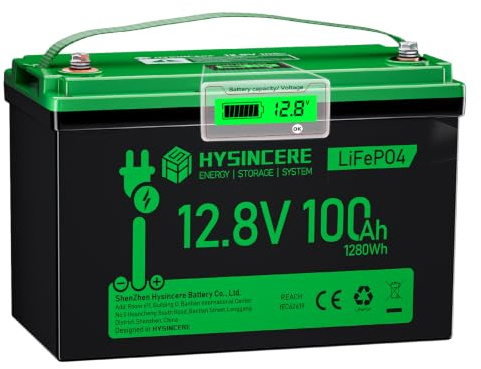 HYSINCERE 12V 100Ah LiFePO4 Lithium Batterie mit LED, Max.15000 Zyklen & 100A Intelligente BMS, 12 Volt Deep Cycle Akku 1280Wh Wiederaufladbare für Wohnmobil, Camping, Solar Home Systeme, Boote