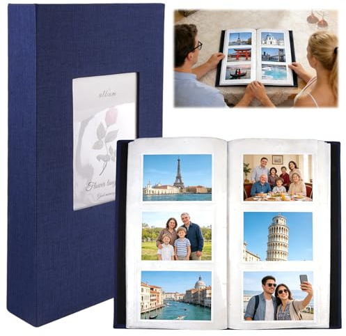Fotoalbum 10x15 Einsteckalbum 300 Fotos, Foto Einsteckalbum Vintage Leinen, Fotobuch zum Einstecken mit Frontfenster, 100 Seiten Große Kapazität Fotoalbum Hält, Photo Album für Hochzeit Familie Reisen