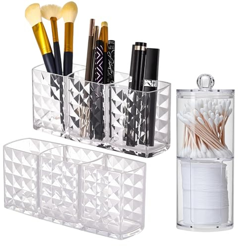 Rthynti Makeup Brush Holder mit Cotton Pad Holder, 3 Slot Acrylic Makeup Brush Organiser for Eyeliners, Lipstick, Mascara and more Make-Up Storage