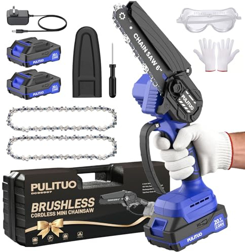 PULITUO 6-Inch Mini Chainsaw Cordless with 2 x 2000mAh Batteries, Brushless Motor Electric Chainsaw, Small Battery Chain Saw for Garden Pruning, Tree Trimming, Wood Cutting