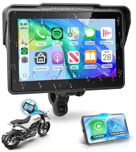 Rimoody Sans Fil Carplay Display Moto Android Auto, 7 Pouces Écran Tactile Car Play Autoradio Portable,CarPlay Moniteur pour Moto Bluetooth/GPS/IP68 étanche/Commande Vocale/Support à Dégagement Rapide