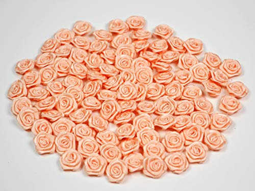 Rosen 15 mm x 100 Stück Satinrosen Aufnäher Deko Blumen Röschen zum Basteln Haarschmuck kleine Rosenköpfe Farbe: apricot 714