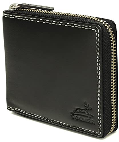 Fa.Volmer ® Portafoglio in pelle nera in vera pelle di vacchetta con robusta cerniera esterna Protezione RFID - Certificato TÜV - # BlZip07