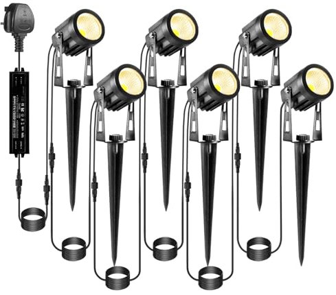 ECOWHO Garden Lights Mains BS Plug Extendable Outdoor Spotlights 21m LED Spike Uplighter Wire Metal Outside Waterproof Lighting Warm White for Path Tree(Ground Stake&Wall Mounted, DIY to 8 Spots)