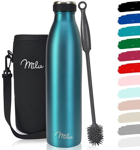 Milu - Thermo in acciaio inox da 350/500/750/1000ml/1,5L borraccia termica, a prova di perdite, a doppia parete, adatta per bevande gassate, con spazzola per la pulizia (Verde, 750ml)