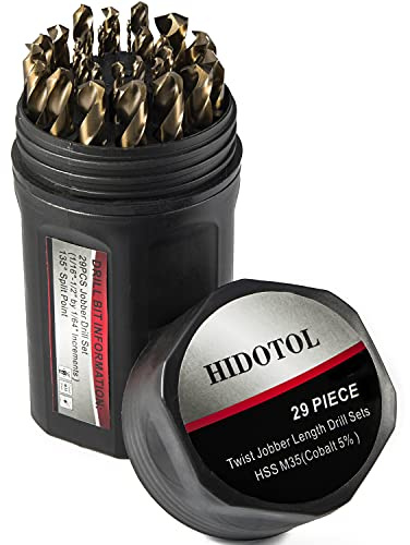 HIDOTOL Cobalt Drill Bit Set 29 PCS - M35 High Speed Steel Twist Jobber Drill Bits for Hardened Metal, Stainless Steel, Cast Iron, Plastic and Wood with Indexed Round Case,1/16-1/2 by 1/64 THS.