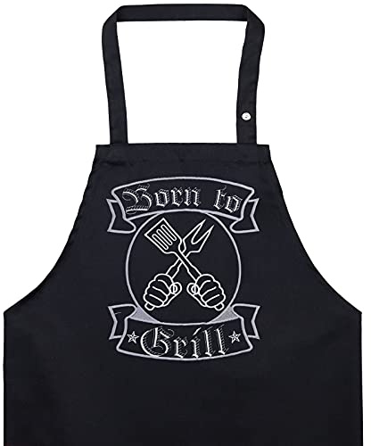 EXPRESS-STICKEREI Delantal de cocina para hombres/mujeres con bordado gracioso: BORN TO GRILL Ajustable, con bolsillo, ideal para el maestro parrillero