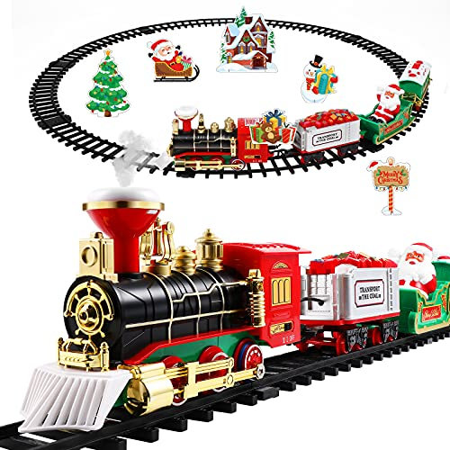 Toyvian Weihnachts Eisenbahn Sets, Under Tree Weihnachts Eisenbahn Zugset mit Gleis und 4 Autos Lichter Batteriebetriebenes Elektrisches Spielzeug Set Kinder Spielspaß