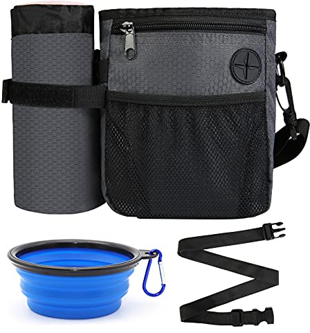SLSON Dog Treat Pouch Bag with Collapsible Dog Bowl, Dog Walking Bag with Water Bottle Bag, Puppy Training Bag with Adjustable Belt and Shoulder Strap for Walking, Traveling